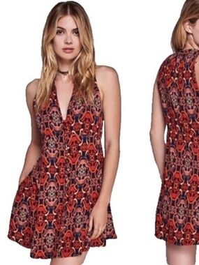 Free People Printed Sleeveless Mini Dress Boho Button Front Size 6